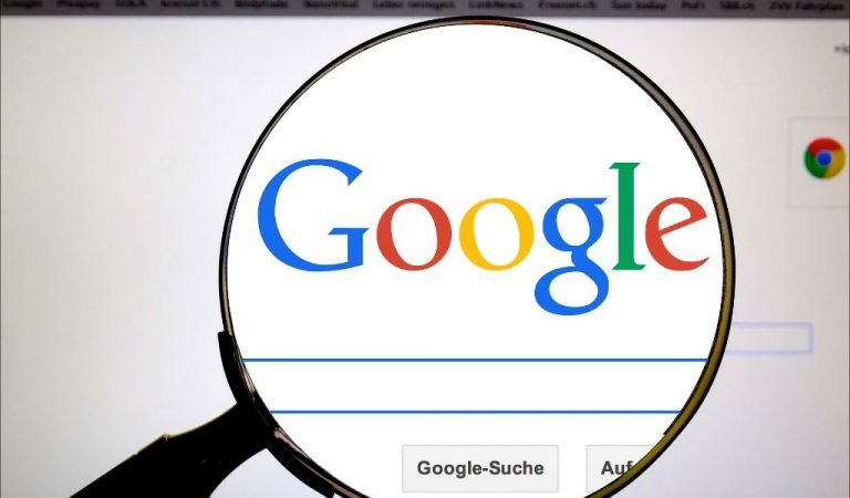 Das Google Logo und die Suchleiste unter einem Lupenglas