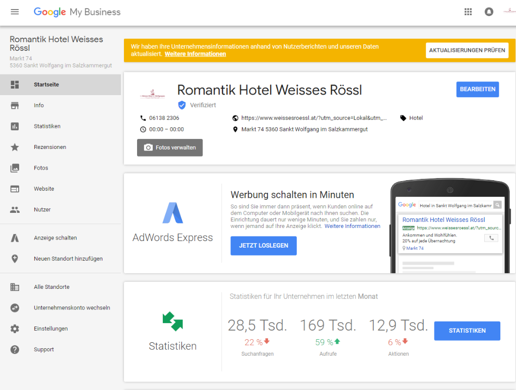 Ein Bild des Google My Business Dashboard vom Romantikhotel Weisses Rössl