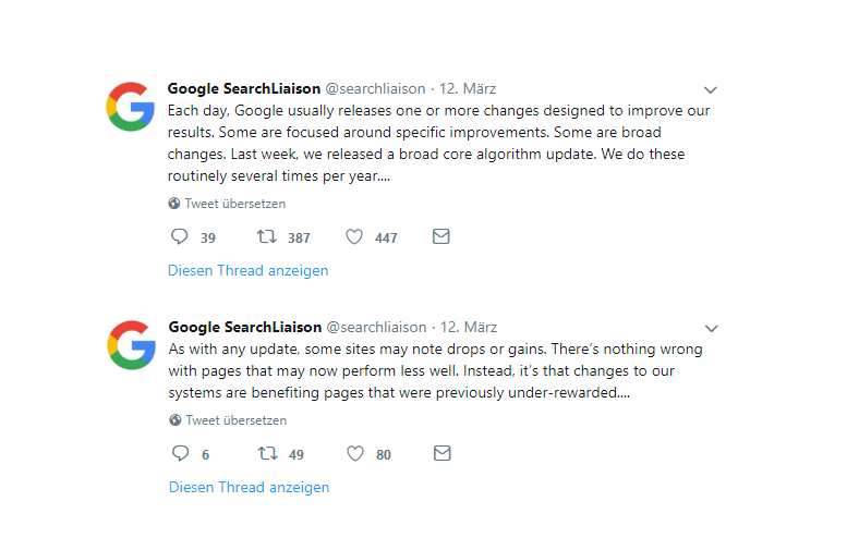 Tweets von Google zum Core Algorithmus Update