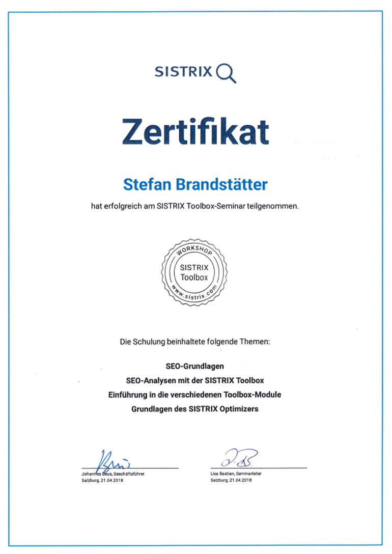 Sistrix Zertifikat: Erfolgreiche Teilnahme am Sistrix Toolbox-Seminar